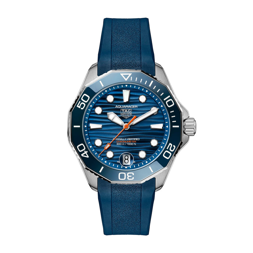 The TAG Heuer Aquaracer Professional 300 Date is a luxury blue chronograph watch with a rubber strap, silver bezel, and orange-accented hands—designed for style inspired by deep-sea exploration.