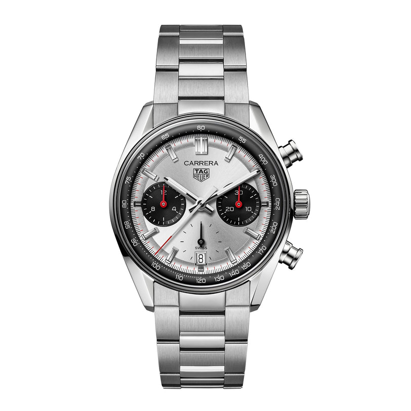 The TAG Heuer Carrera Chronograph features a stainless steel case, sapphire crystal, silver dial with black subdials, and a metal bracelet, displayed against a white background.