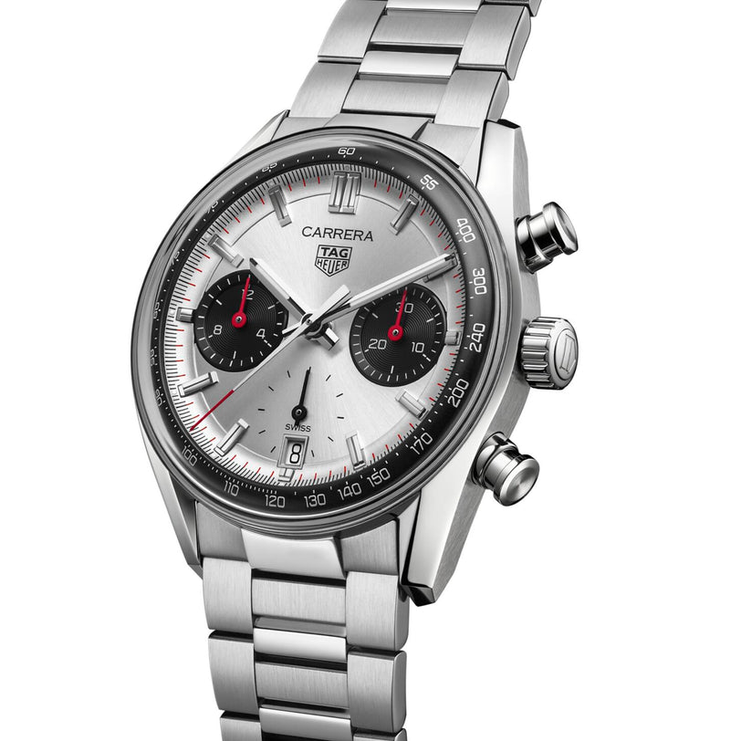 The TAG Heuer Carrera Chronograph features automatic movement, a stainless steel bracelet, silver dial with two black subdials, sapphire crystal, and three side buttons.