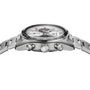 Side view of a TAG Heuer Carrera Chronograph wristwatch with silver stainless steel case, automatic movement, visible watch face, push buttons, and crown against a white background.