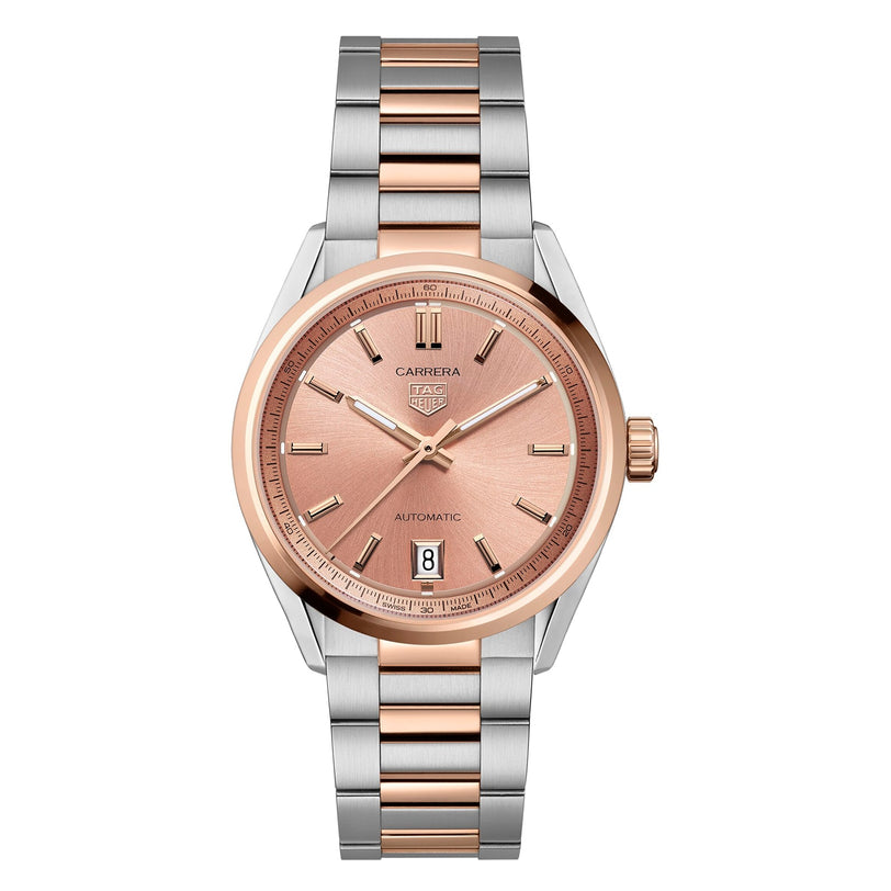 The TAG Heuer Carrera Date wristwatch features a pink dial, 18ct rose gold accents, a date display at 6 o’clock, and a two-tone stainless steel and rose gold bracelet.