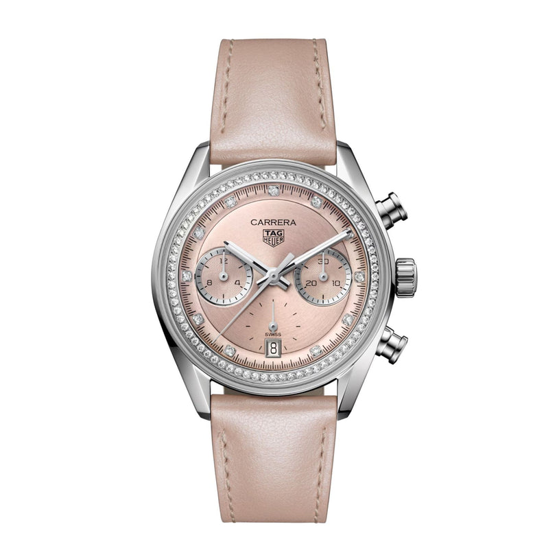 The TAG Heuer Carrera Chronograph features a pink dial, diamond bezel, and pale pink leather strap.
