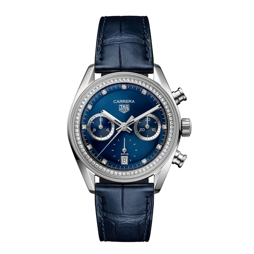 A TAG Heuer Carrera Chronograph in blue with a leather strap and two subdials, shown on a white background.