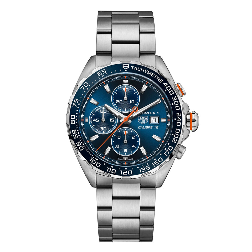 The TAG Heuer Formula 1 Chronograph features a stainless steel case, blue dial with three subdials, a blue ceramic tachymeter bezel, and bold orange accents.