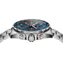 A TAG Heuer Formula 1 Chronograph wristwatch in stainless steel with a blue dial, blue ceramic tachymeter bezel, three subdials, Calibre 16 movement, and a silver bracelet, shown from the side.