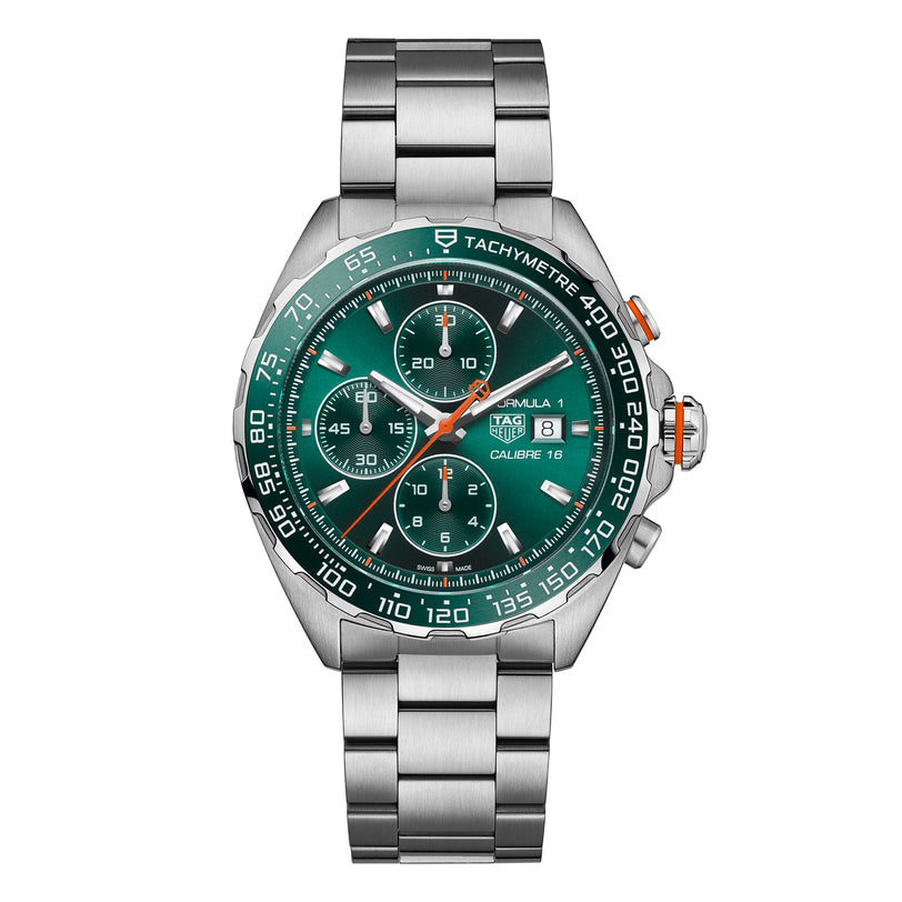 The TAG Heuer Formula 1 Chronograph features a stainless steel case, green dial with three subdials, a green ceramic tachymeter bezel, and a metal link bracelet—uniting sporty style and precision.