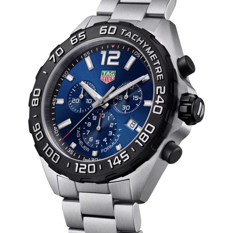 A close-up of the TAG Heuer Formula 1 Chronograph showcases its blue dial, black tachymeter bezel, and sleek stainless steel design.