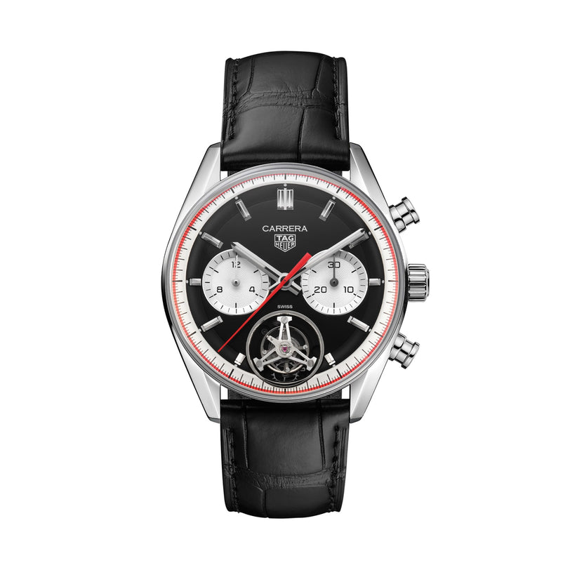 The TAG Heuer Carrera Tourbillon Centenary The Watches of Switzerland Group Exclusive features a black leather strap, black dial with two white subdials, a skeleton window at 6 o’clock, and silver hands and hour markers.