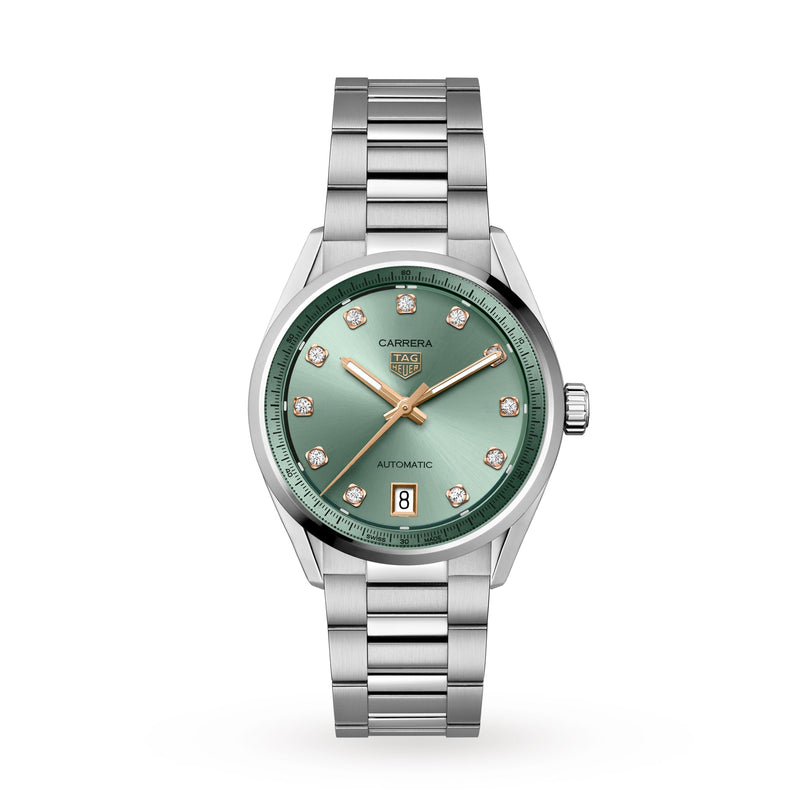 The TAG Heuer Carrera Date wristwatch features a green sunray-brushed dial, diamond hour markers, date display at 6 o’clock, and a sleek metal bracelet.