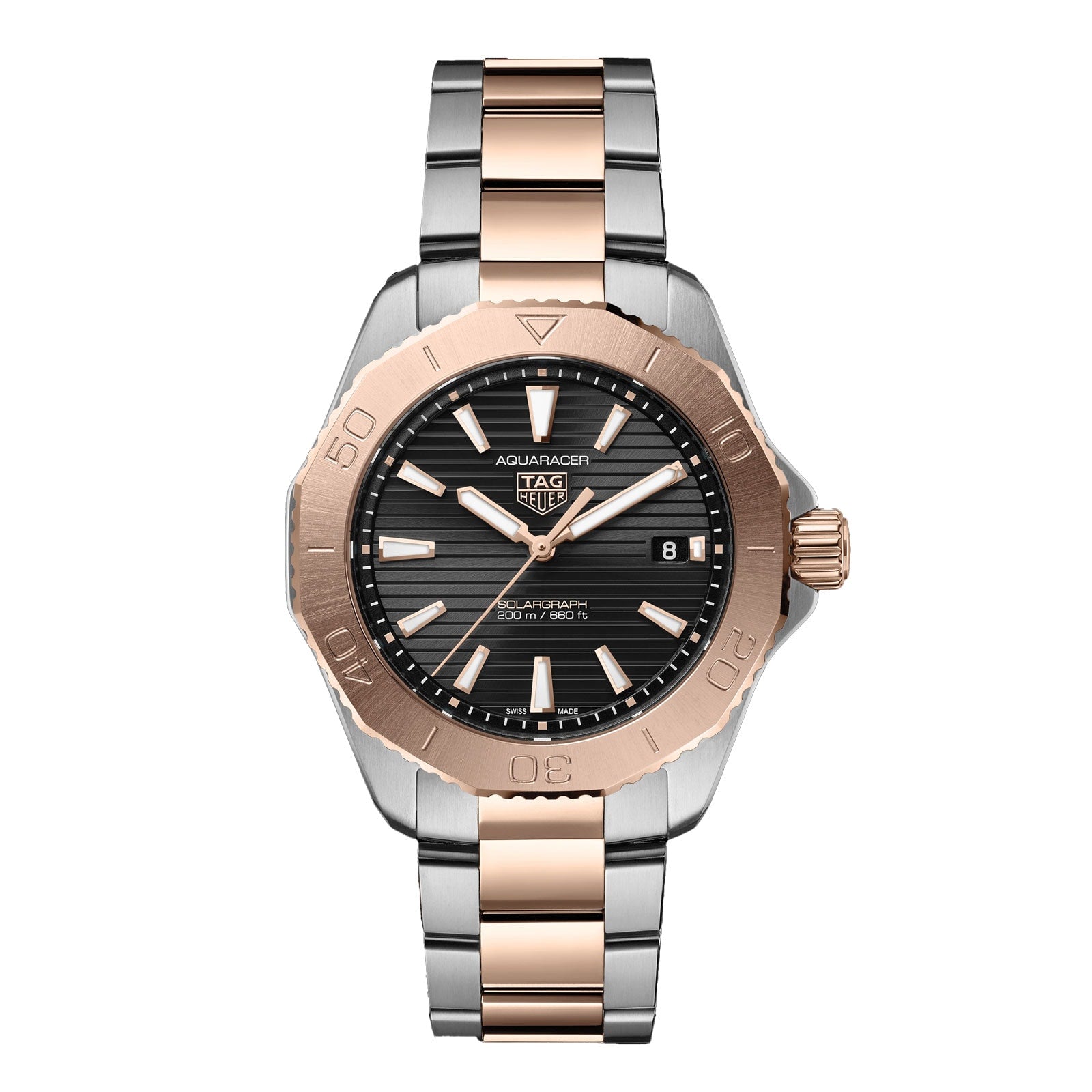 The TAG Heuer Aquaracer Professional 200 Solargraph features a black dial, date display, and an eye-catching two-tone silver and rose gold stainless steel bracelet.
