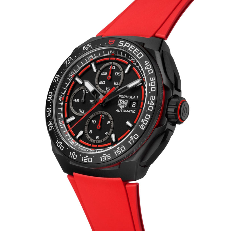 The TAG Heuer Formula 1 Chronograph stands out with a black dial, red accents, three subdials, tachymeter bezel, and a bold red rubber strap—all driven by precise automatic movement.