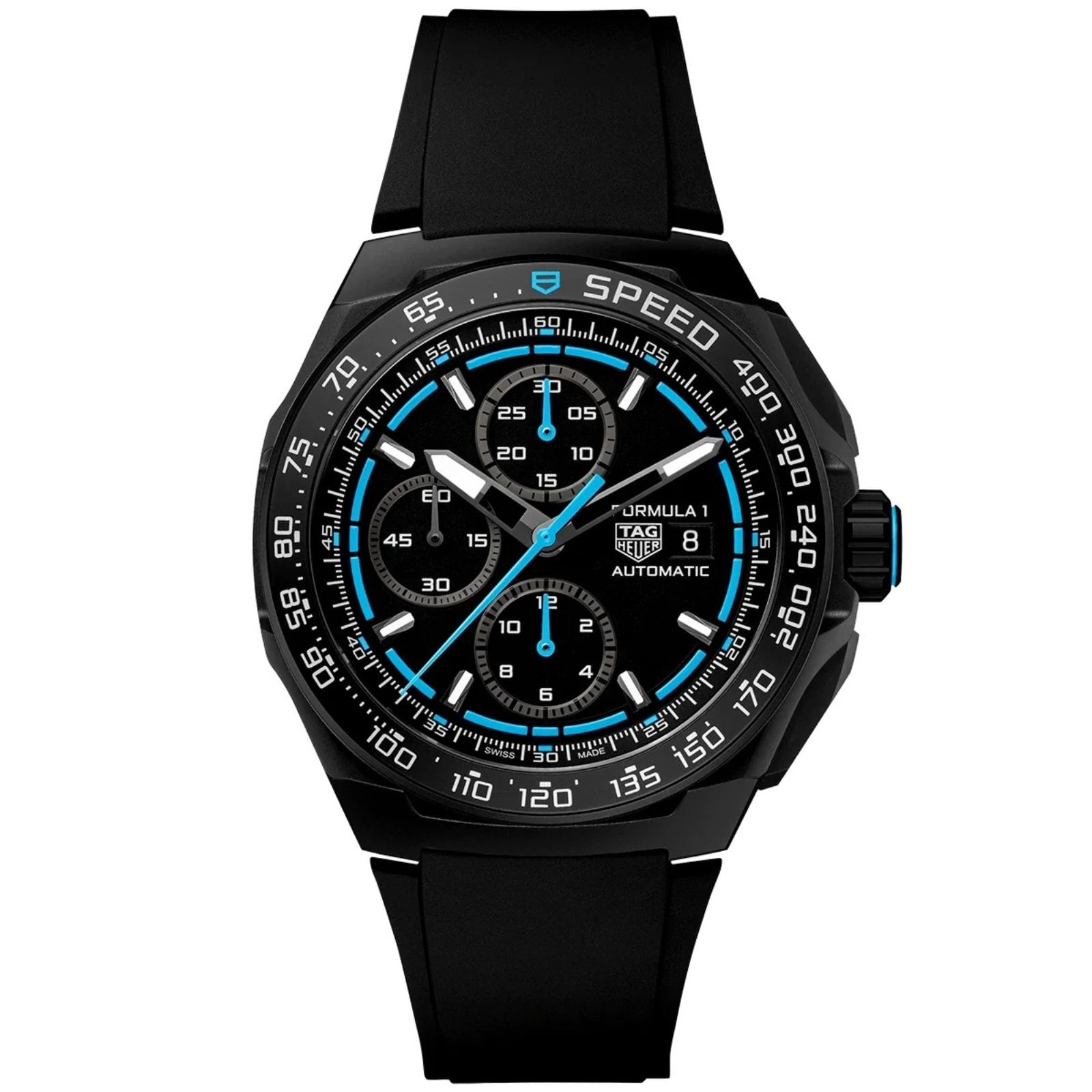 TAG Heuer Formula 1 Chronograph with black dial, blue accents, tachymeter bezel, black rubber strap, three subdials, and date display at 3 o’clock.