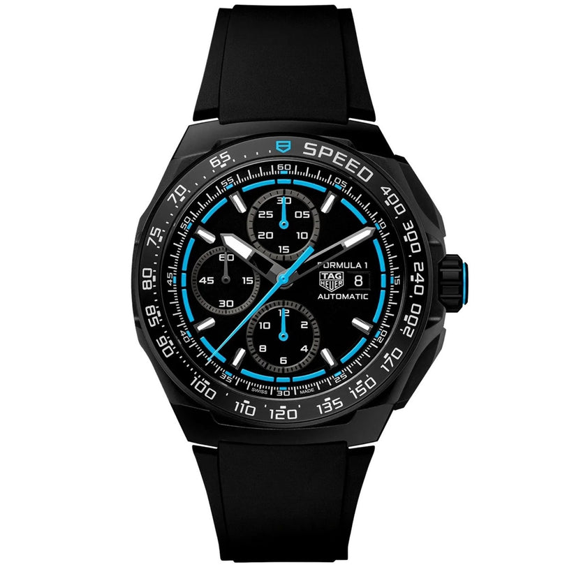 TAG Heuer Formula 1 Chronograph with black dial, blue accents, tachymeter bezel, black rubber strap, three subdials, and date display at 3 o’clock.