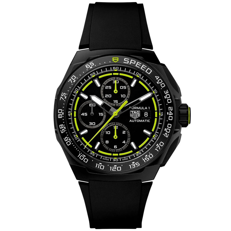 The TAG Heuer Formula 1 Chronograph features a black case, neon yellow accents, a black strap, and three chronograph subdials.