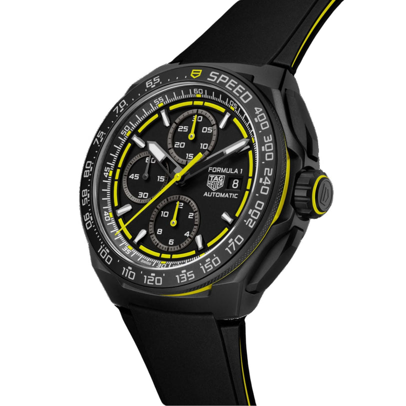 TAG Heuer Formula 1 Chronograph watch in black and yellow with chronograph functions and a black rubber strap.