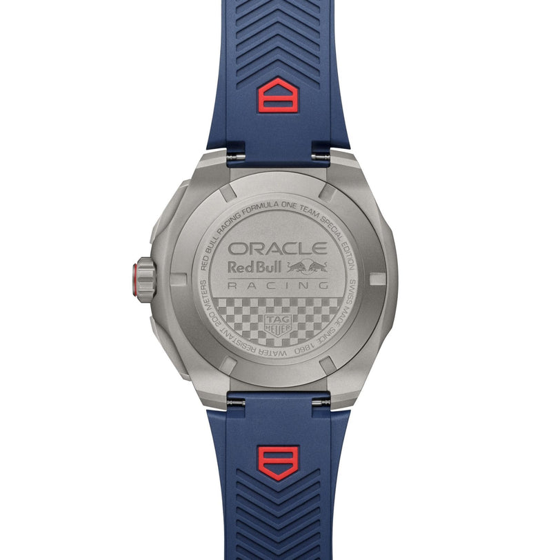 Back view of the TAG Heuer Formula 1 Chronograph X Oracle Red Bull Racing, featuring a blue band, engraved steel case, and the team logo—ideal for racing fans.
