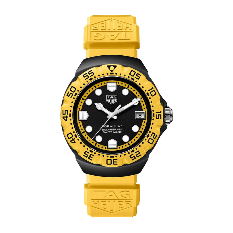 Yellow TAG Heuer Formula 1 Solargraph watch with a black dial, yellow bezel, and yellow rubber strap.