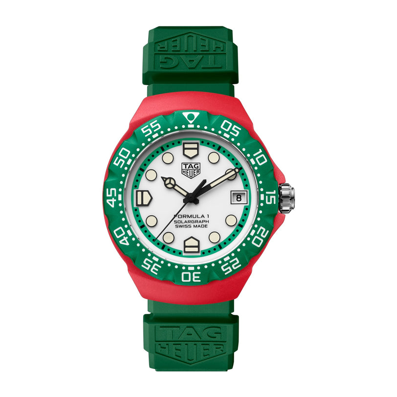 TAG Heuer Formula 1 Solargraph watch featuring a green strap, red and green bezel, and a white dial with black accents.
