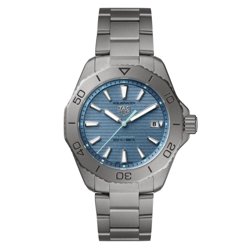 The TAG Heuer Aquaracer Professional 200 Solargraph features a silver metal bracelet, blue dial, and date display.