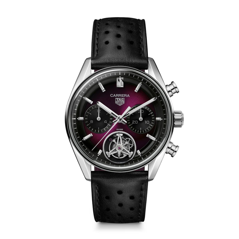 The TAG Heuer Carrera Chronograph Tourbillon Limited Edition features a burgundy dial with three subdials and a black leather strap, combining luxury and precision in an exclusive design.