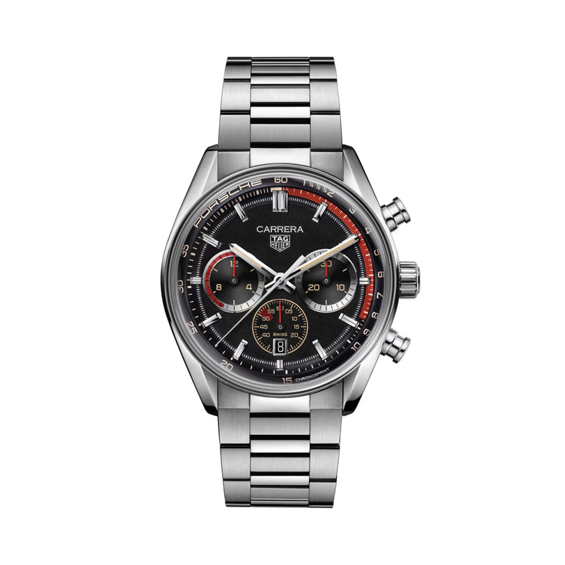 TAG Heuer Carrera Chronosprint x Porsche Rallye Limited Edition chronograph watch featuring a black dial with red accents and a stainless steel bracelet.