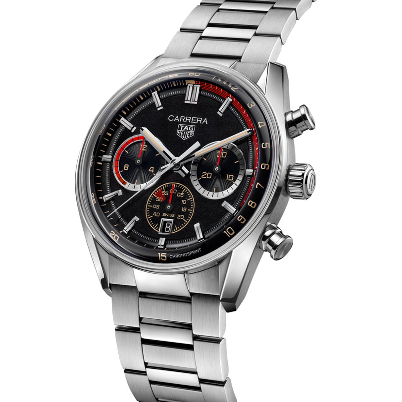 TAG Heuer Carrera Chronosprint x Porsche Rallye Limited Edition chronograph watch with black dial and silver-tone bracelet, angled view.