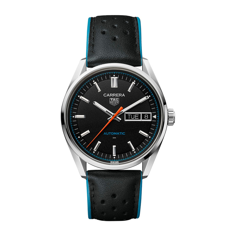 A TAG Heuer Carrera Day Day-Date watch with a black dial, day-date display, and a black leather strap with blue edges.