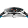Side view of the TAG Heuer Carrera Day Date wristwatch featuring a black dial, silver case, and black leather strap with blue lining.