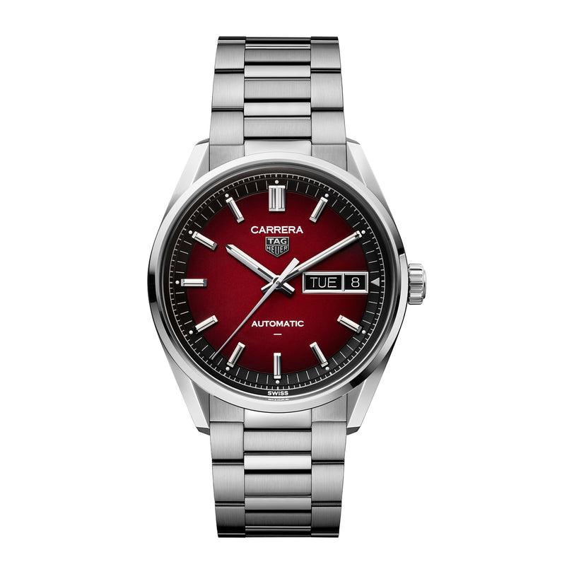 The TAG Heuer Carrera Day-Date watch features a red dial, silver markers, and a day-date display.