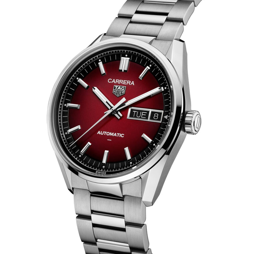 The TAG Heuer Carrera Day-Date features a red face, day and date display, and a stainless steel bracelet.