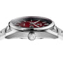 Side view of the TAG Heuer Carrera Day-Date wristwatch, featuring a silver metallic strap and a red dial, displayed against a white background.