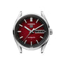 The TAG Heuer Carrera Day-Date features a red dial, silver markers, and a day-date display at 3 o’clock.