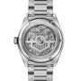 Back view of the TAG Heuer Carrera Day-Date watch with an exposed mechanical movement and a silver metal bracelet.