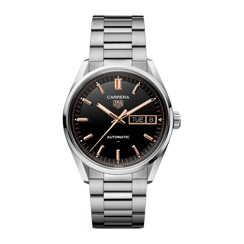 The TAG Heuer Carrera Day-Date features a silver case, black dial, rose gold hour markers, and a metal bracelet.