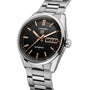 The TAG Heuer Carrera Day-Date features a silver case, black dial, gold markers, day and date display, and a metal bracelet.