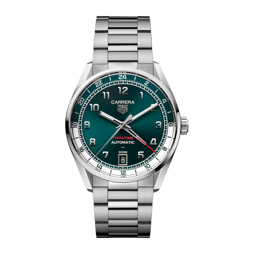 The TAG Heuer Carrera Date Twin-Time features a green dial, silver bracelet, and date display at 6 oclock.