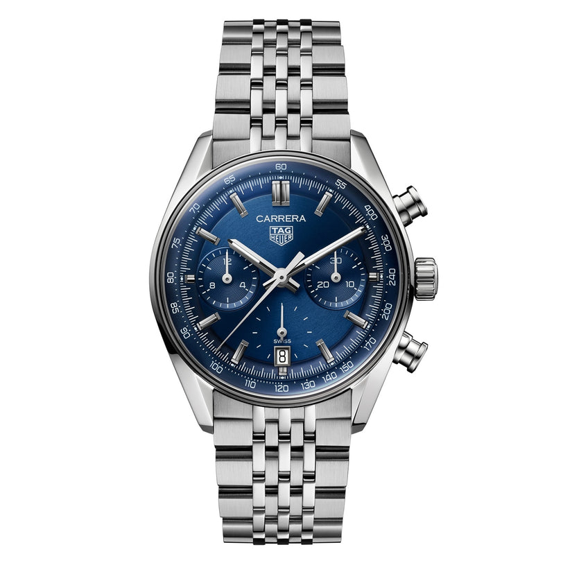The TAG Heuer Carrera Chronograph features a blue dial, silver hour markers, and a stainless steel bracelet.