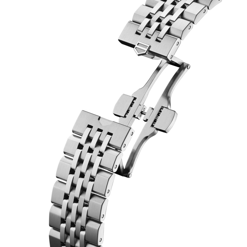 Close-up of the TAG Heuer Carrera Chronographs stainless steel bracelet with an open deployment clasp.