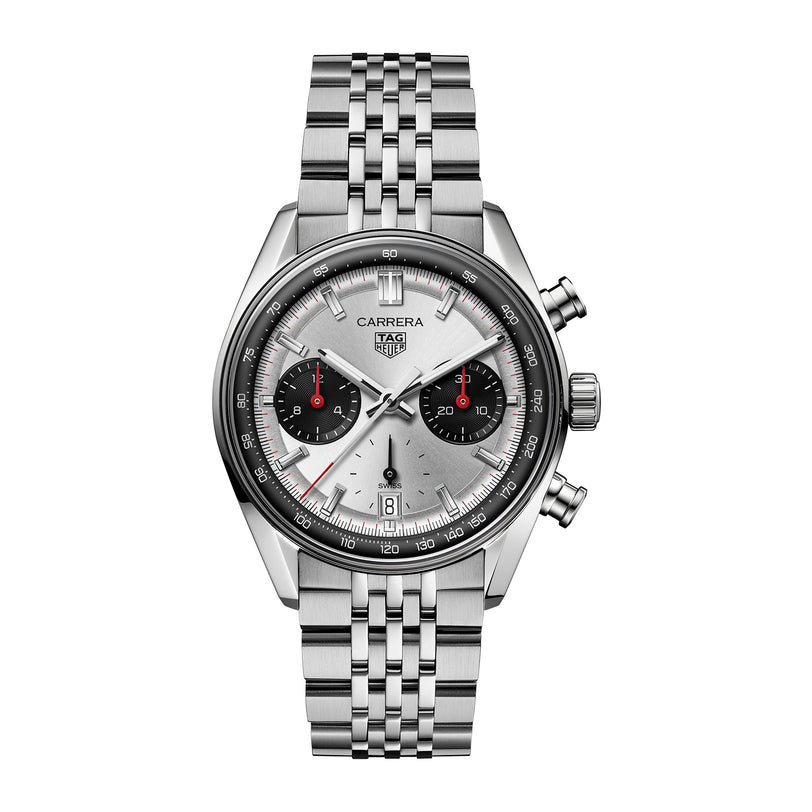 The TAG Heuer Carrera Chronograph features a silver case, black subdials, and a stainless steel bracelet.