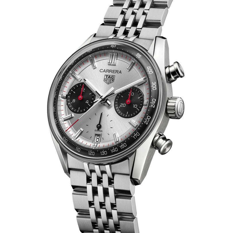 The TAG Heuer Carrera Chronograph features a silver case, two black subdials, and a stainless steel bracelet.
