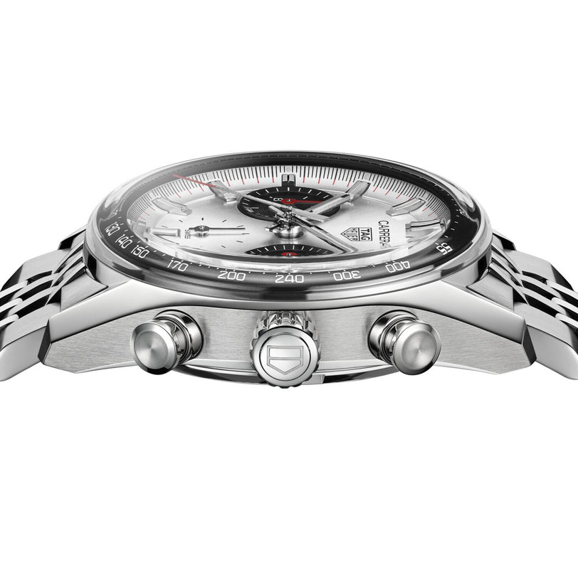 Side view of a silver TAG Heuer Carrera Chronograph watch featuring three pushers and a metal bracelet.