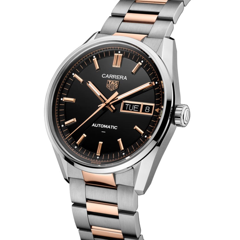 The TAG Heuer Carrera Day-Date watch features a black dial, rose gold accents, and a two-tone metal bracelet.