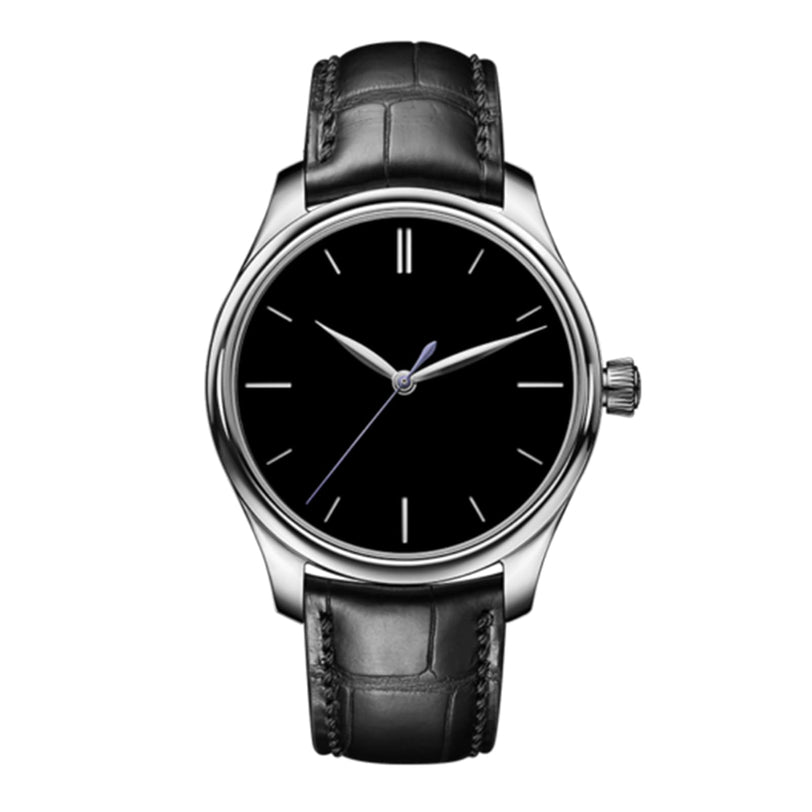 The H. Moser & Cie Endeavour Centre Seconds Vantablack® is a black leather wristwatch with a silver case and minimalist black dial, displaying the time as 10:09:32.