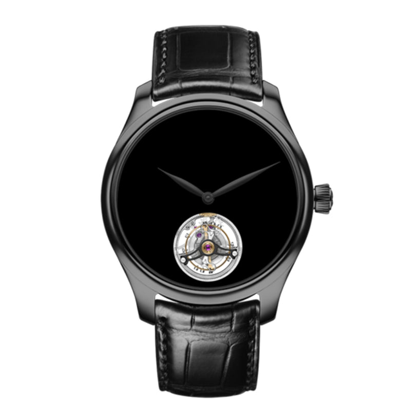 The H. Moser & Cie Endeavour Tourbillon Concept Vantablack® is a luxury wristwatch featuring a black dial, visible tourbillon movement, and a black leather strap.
