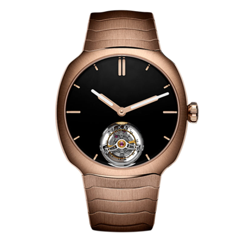 The H. Moser & Cie Streamliner Tourbillon is a red gold wristwatch with a black Vantablack® dial, minimalist hour markers, and an open mechanical tourbillon at 6 oclock.