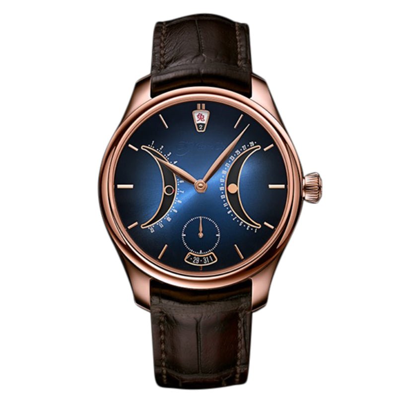 The H. Moser & Cie Endeavour Chinese Calendar is a luxury wristwatch featuring a blue dial, rose gold case, and brown leather strap, complete with multiple displays.