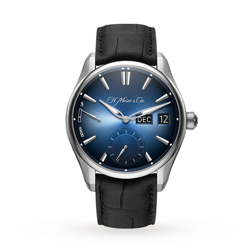 The H. Moser & Cie Pioneer Perpetual Calendar MD is a luxury wristwatch featuring a blue dial, black leather strap, silver markers, and displays for the date and month.