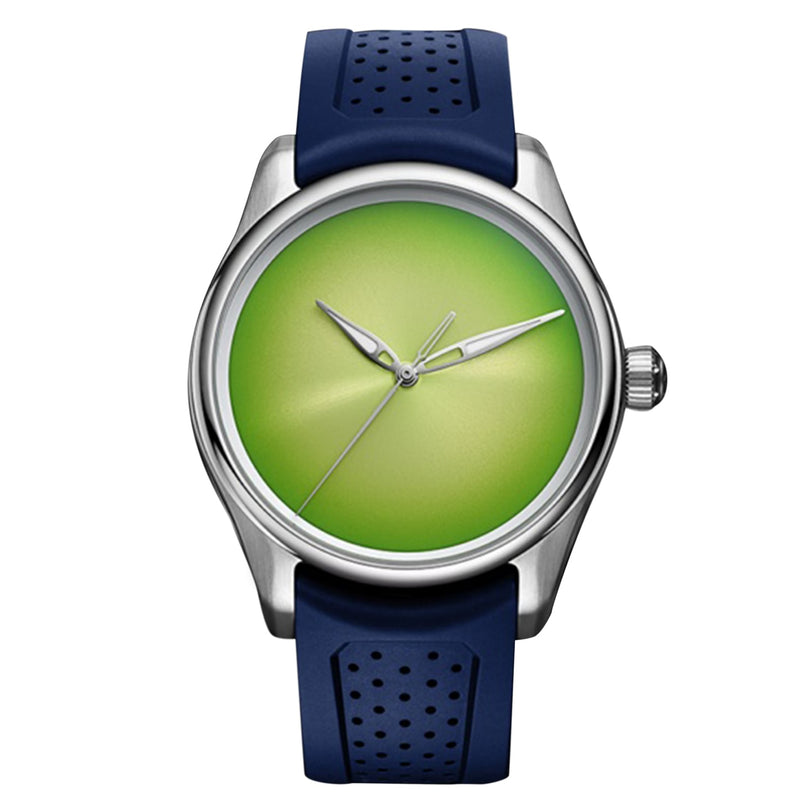 The H. Moser & Cie Pioneer Centre Seconds Concept Citrus Green features a green gradient dial, blue perforated strap, and displays the time 1:53:37.