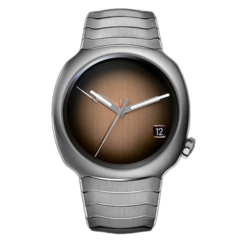 The H. Moser & Cie Streamliner Perpetual Calendar is a silver wristwatch featuring a brown gradient dial, three hands, and a date window displaying the number 12.