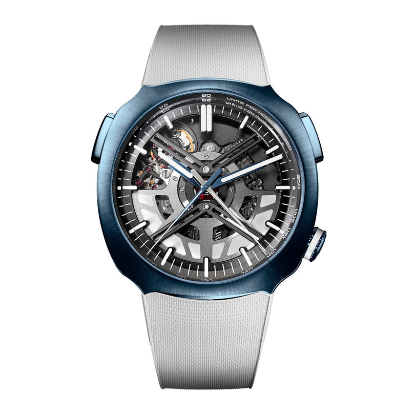 The H. Moser & Cie Streamliner Alpine Divers Edition features a skeleton dial, blue bezel, silver mesh strap, and showcases visible inner mechanics.